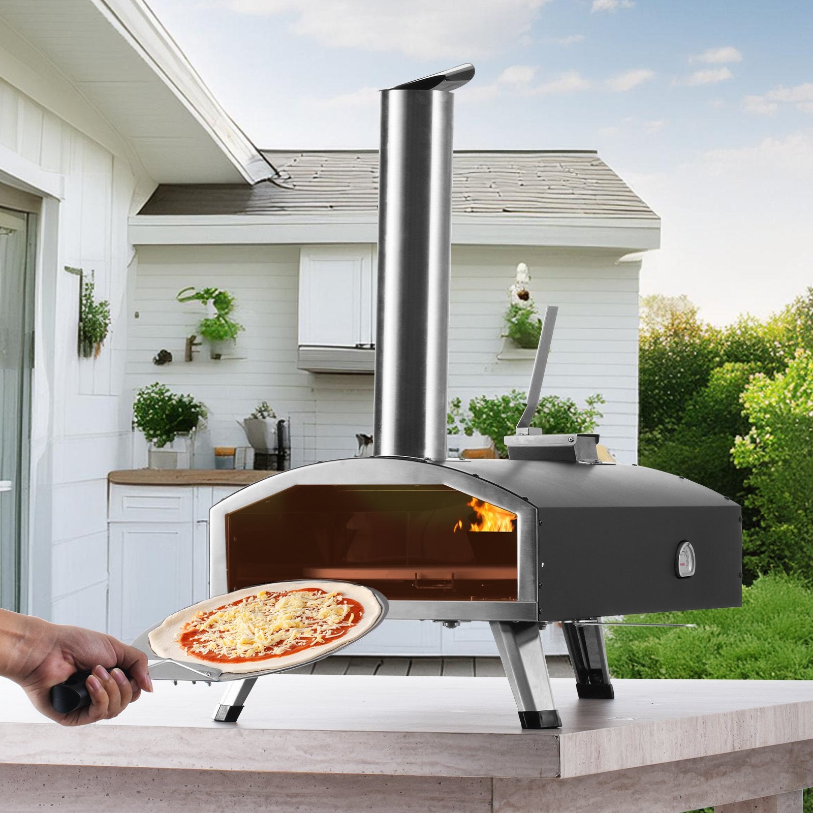 VEVOR Outdoor Pizza Oven, 12" Wood Fired Pizza Ovens, Pellet Pizza Stove with Built-in Thermometer, with Thickened Cordierite, Rotating Pizza Stone, Carry Bag, Shovel,  Portable Pizza Maker for Outside Backyard Patio Camping Black