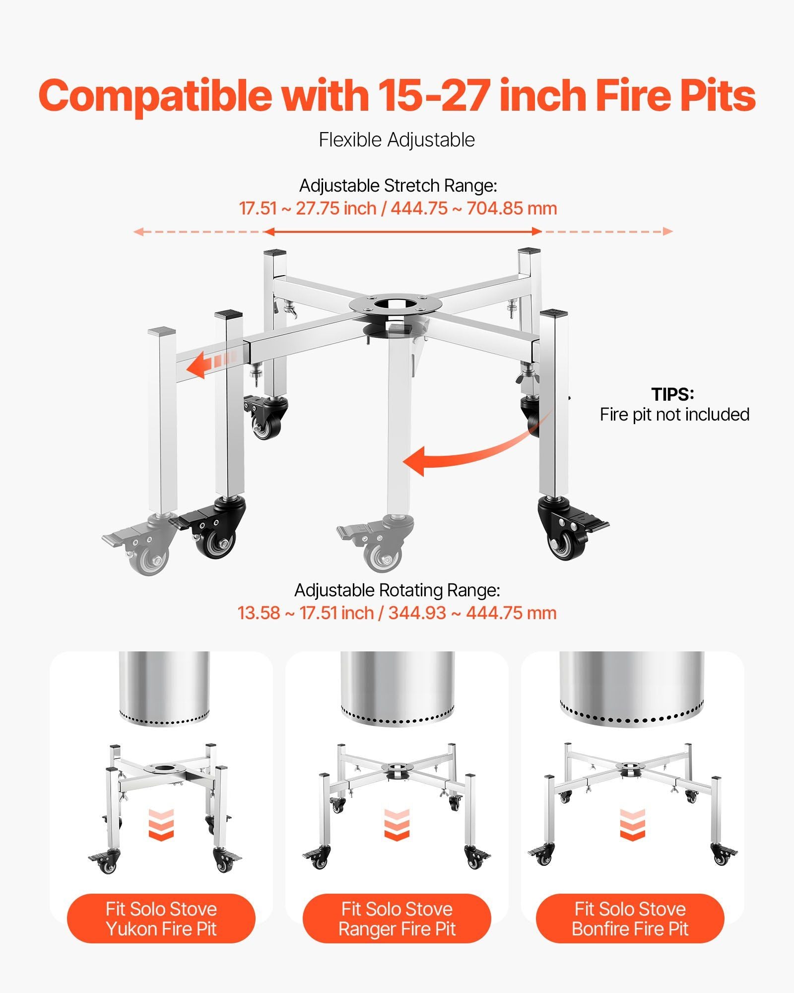 Fire Pit Stand, 38-68.6 cm Adjustable Stretch with 4 Casters, Firepit Stand for Solo Stove Bonfire Ranger Yukon & Other Outside Firepit, Stainless Steel Camping Fire Pit Accessory for Fireplace