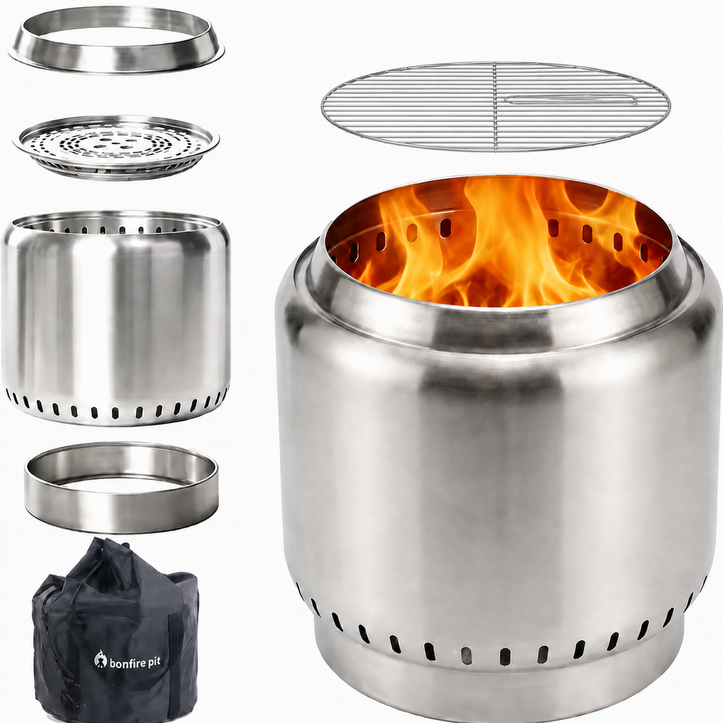 Stainless steel Ecoflame smokeless fire pit shown exploded with parts on the left and assembled with visible flames on the right, plus a black carrying bag. The product is photographed on a clean white background.