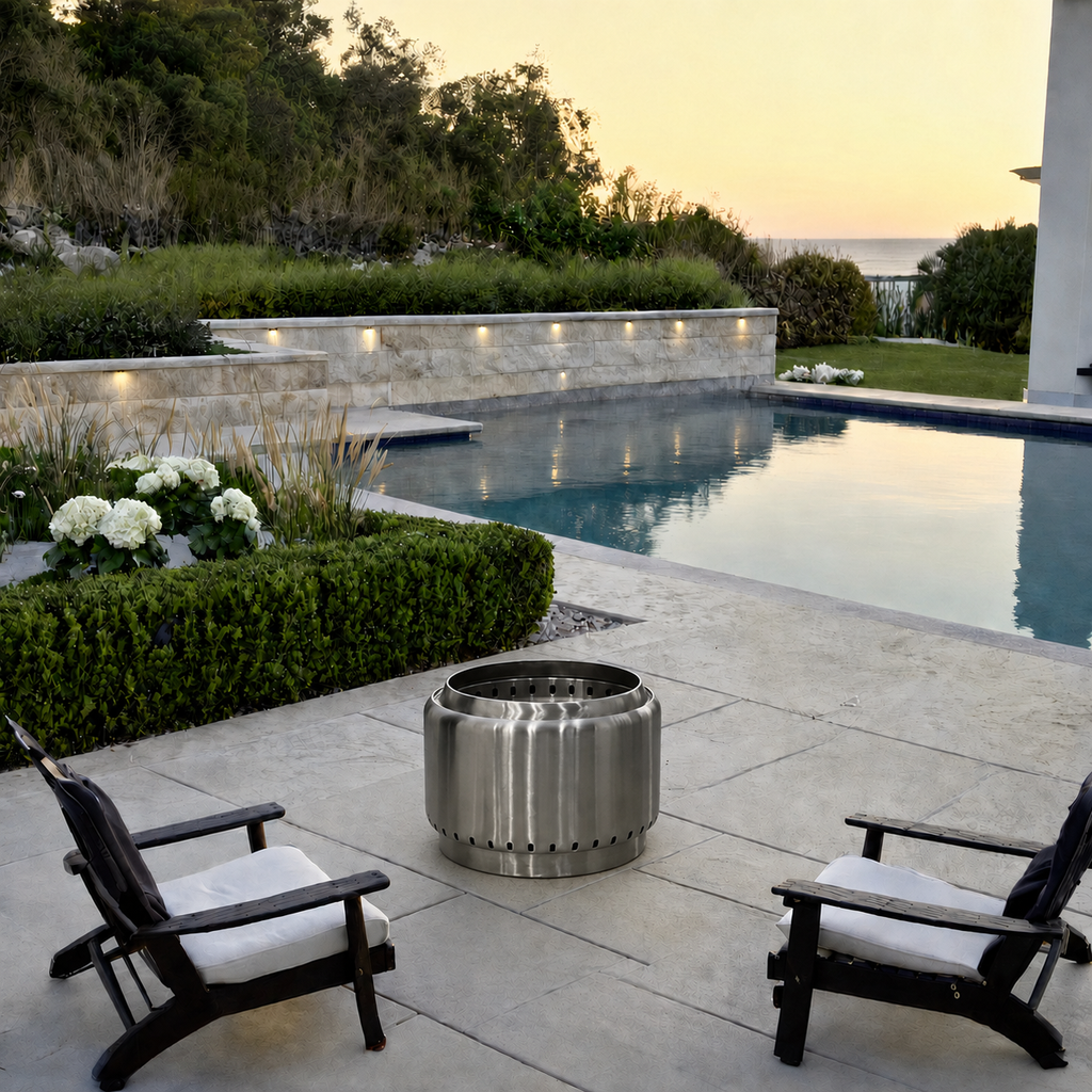 Ecoflame 67cm smokeless fire pit by the pool
