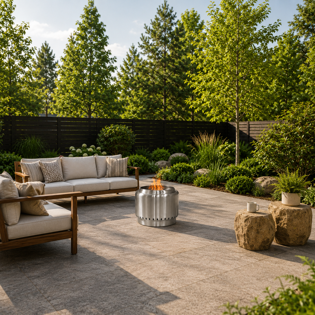 Outdoor patio furniture set in a landscaped backyard, featuring a beige cushioned sofa, matching armchair, a stainless steel smokeless fire pit with visible flames, and two rustic stone side tables, surrounded by green trees and shrubs.