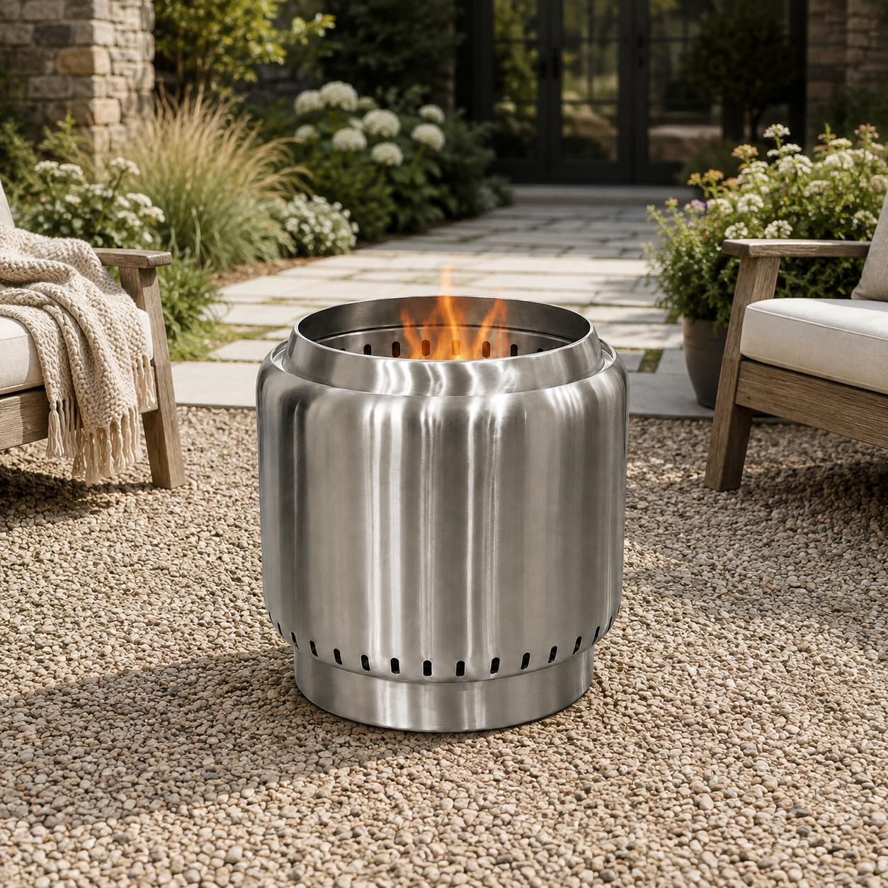 A stainless steels smokeless fire pit with a visible flame, set on a gravel patio between two wooden lounge chairs in a landscaped backyard.
