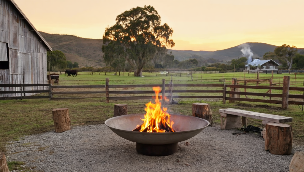1200mm cast iron fire pit in a farm
