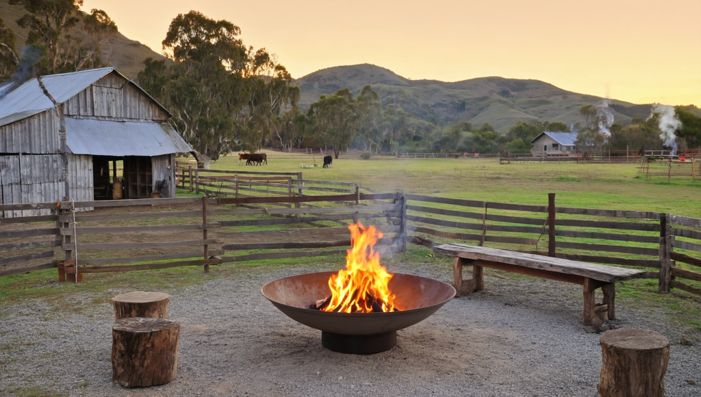 1200mm cast iron fire pit in farm setting