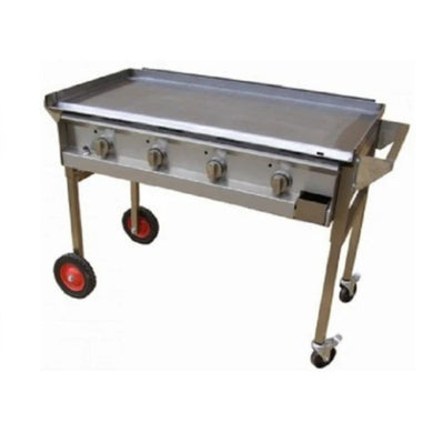 Stainless steel grill with four burners on a white background