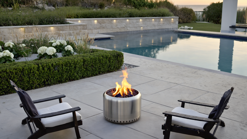 Ecoflame fire pit in a luxury backyard setting