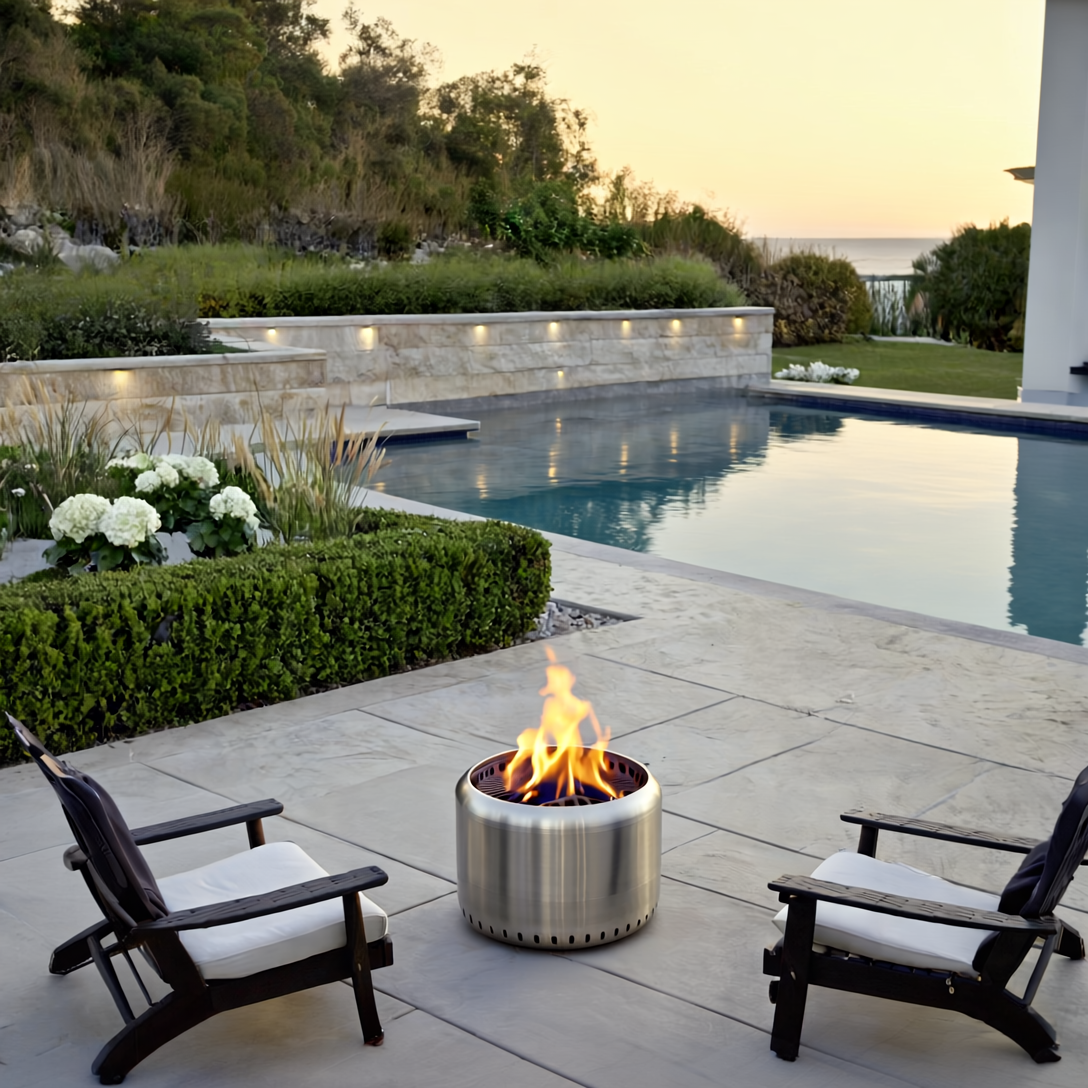 Ecoflame fire pit in a luxury backyard setting