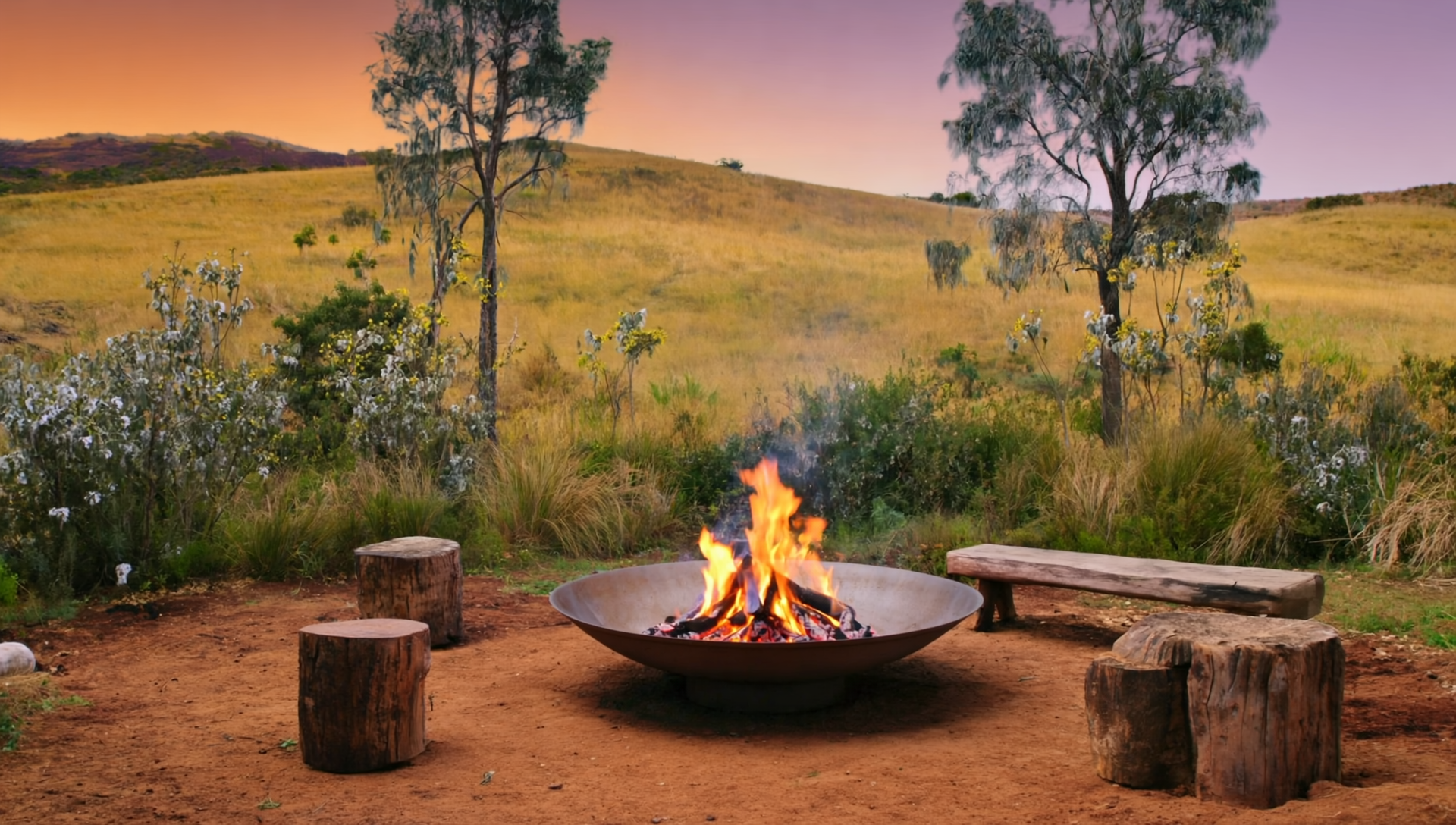 1200mm cast iron fire pit in a rural setting
