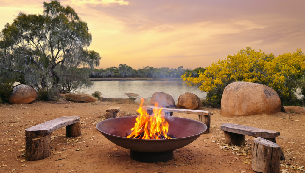 1200mm cast iron fire pit in a rural setting