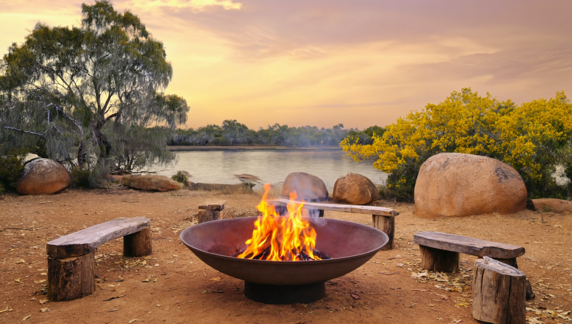 1200mm cast iron fire pit in a rural setting